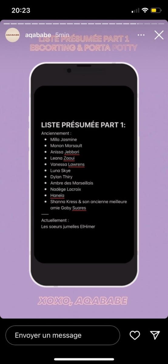 La première liste présumée des influenceuses impliquées, selon le blogueur Aqababe